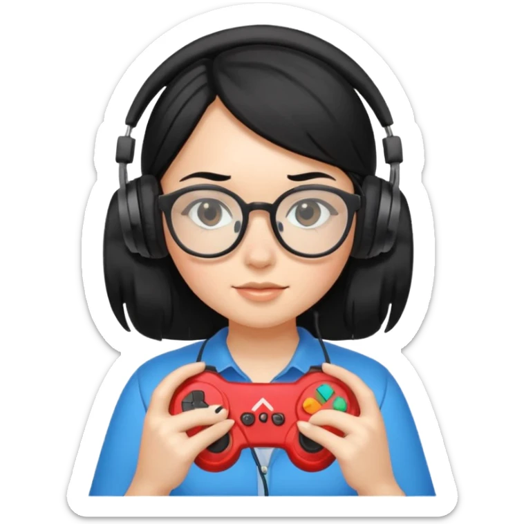 
gamer, black hair girl with glasses, headphone, gamepad sticker