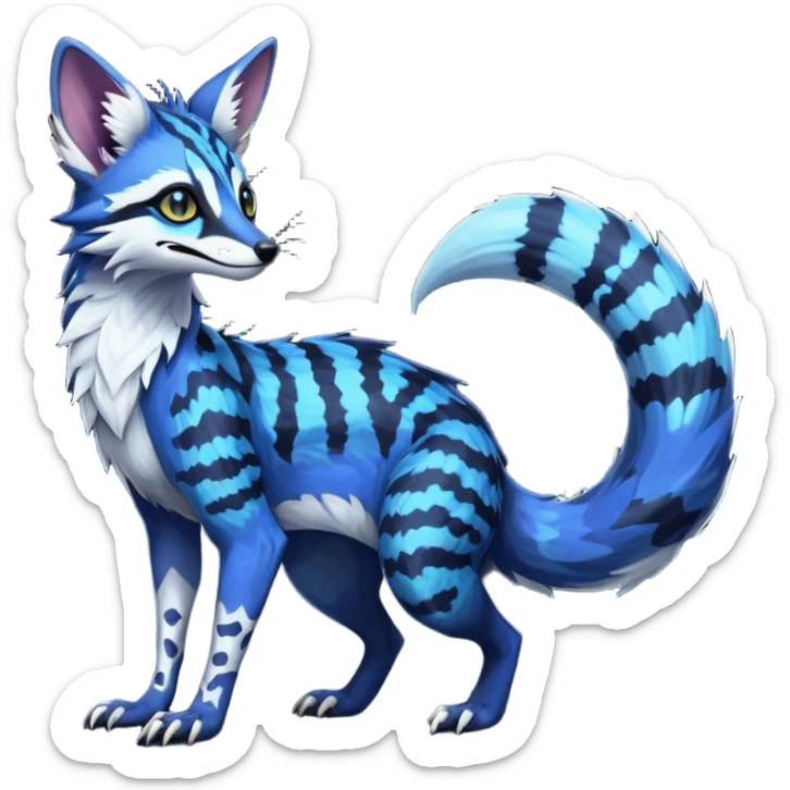 Feral Rare Fantasy scaly evil spooky vibrant dark shady shaded detailed deep-dark-cobalt-blue-gradients-colored colorful Vernid-Sergal-Genet-Trico-Fox-species by LiLaiRa, with dark-blackish points, white belly, random markings, tufted tail, tufted ears, full body sticker