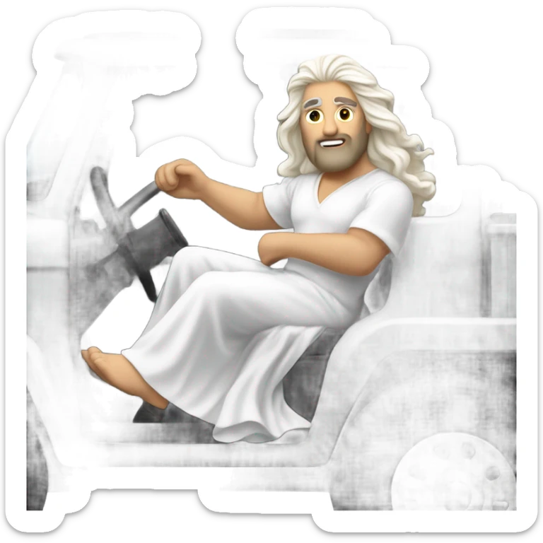 white man Poseidon driving truck. long white hair white dress sticker
