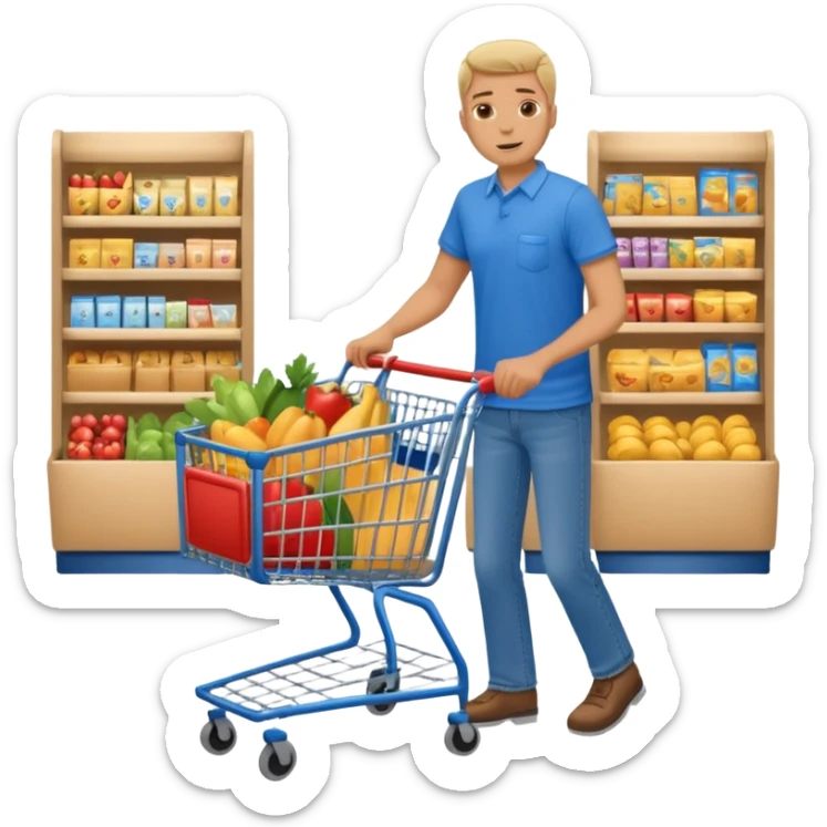 full body of a man pushing a shopping cart inside a supermarket sticker