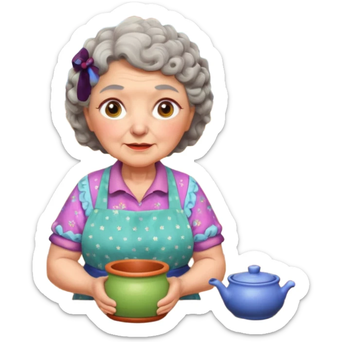 cartoon Apple iOS emoji style rural elderly woman, chubby face, short gray curly hair, flowery blouse, colorful apron, big expressive eyes, pastel colors, Chilean wooden kitchen background, clay pots, warm light, detailed and clean vector art sticker
