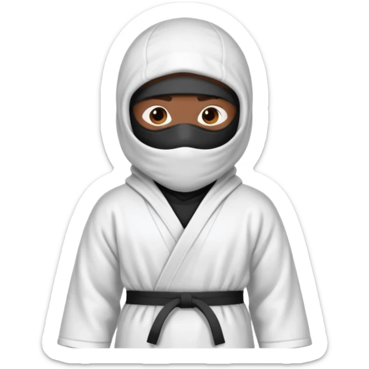 All white ninja robe with no black with white ski mask to cover face and neck with a hoodie on and dark brown skin color sticker