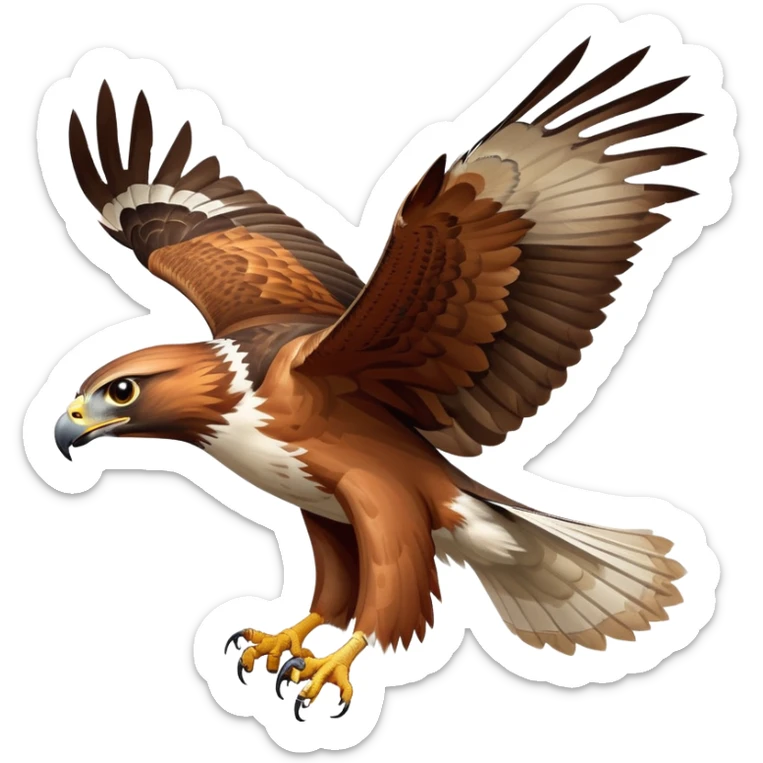 cinematic-red-tailedhawk-realistic-full-body-hunting-emoji,-powerful-brown-and-white-feathered-frame-gliding-over-a-vast-landscape,-sharp-hooked-beak-partially-open,-intelligent-eyes-focused-intensely-on-the-ground-below,-strong-talons-flexing-in-anticipation,-broad-wings-catching-the-wind-with-effortless-grace,-simplified-yet-realistic-focused-features,-highly-detailed,-glowing-with-a-bold-determined-light sticker