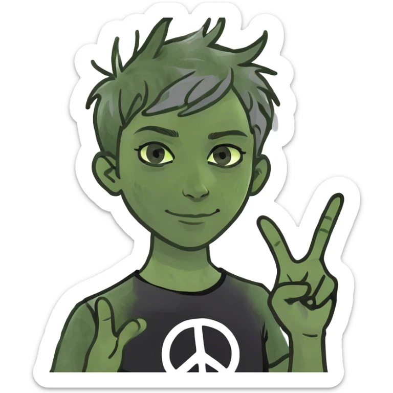 pixie shag hair black with streaks of gray, dark T-shirt with a peace sign. no hands  sticker