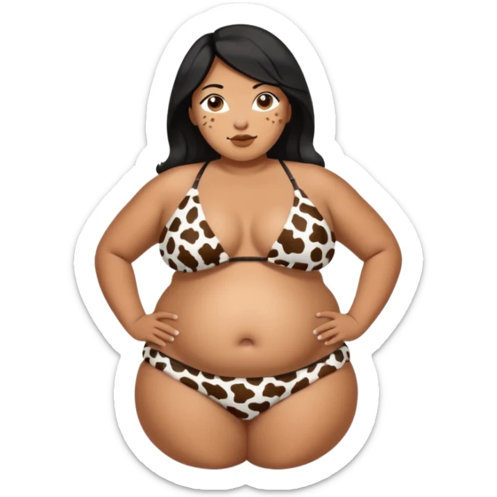 fat tan hucow woman with half white half black hair with inflated belly in cow print bikini sticker