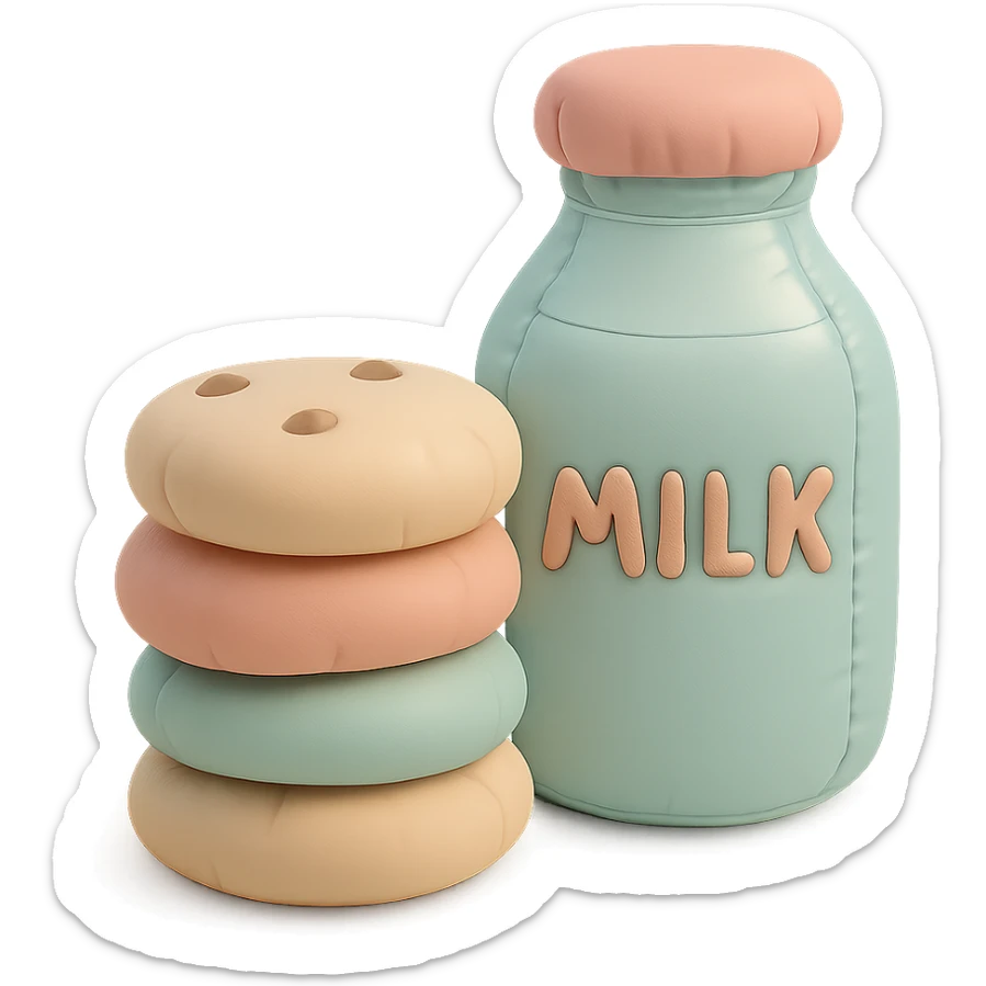 a cushion style stack of cookies next to a bottle of milk, cozy and rounded, pastel colors sticker