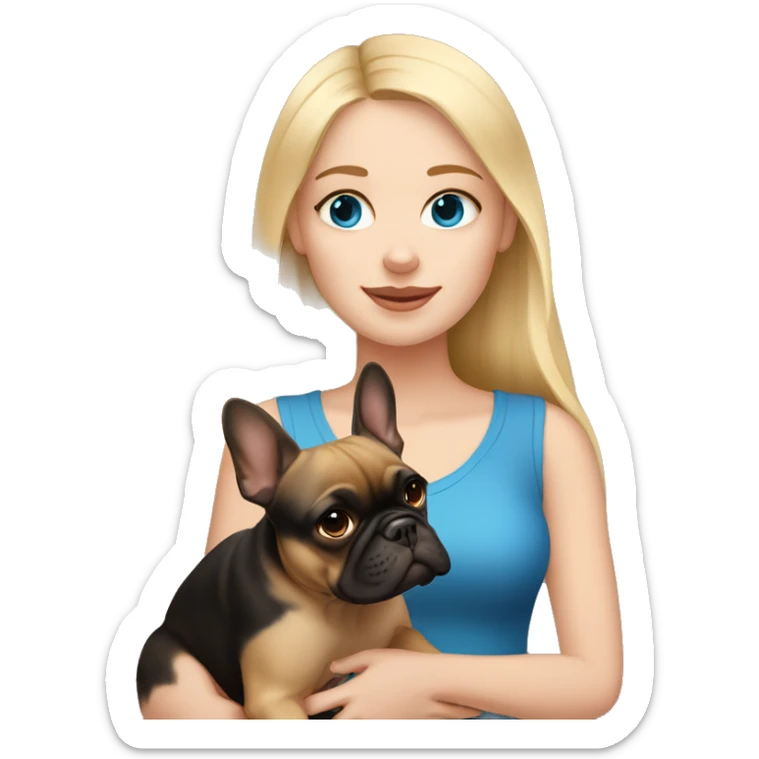 Blonde girl with blue eyes holding brown and black French bulldog sticker