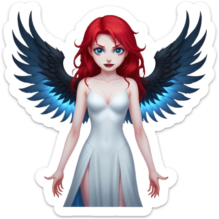 extremely diabolical girl with giant towering wings, blood red hair, glowing blue eyes, black hellfire aura, no horns, evil grin sticker