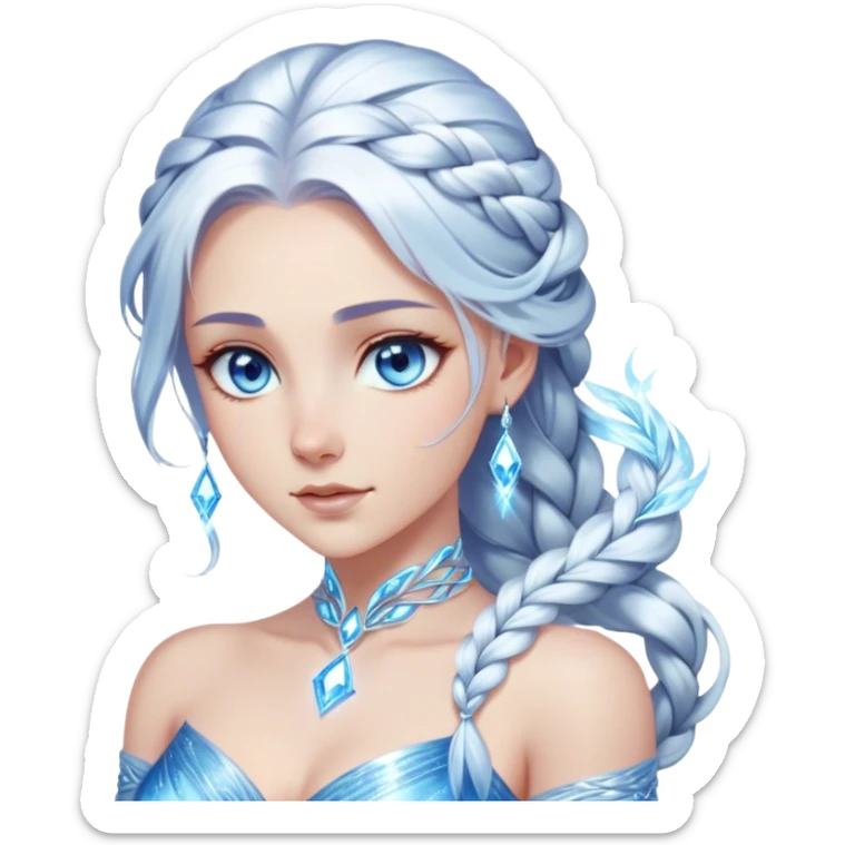 Cinematic Stunning Elsa Portrait Emoji, Ice-blue gown shimmering, platinum hair flowing in a graceful braid, piercing blue eyes glowing with icy magic, an aura of regal power and breathtaking beauty, frozen elegance at its finest! sticker