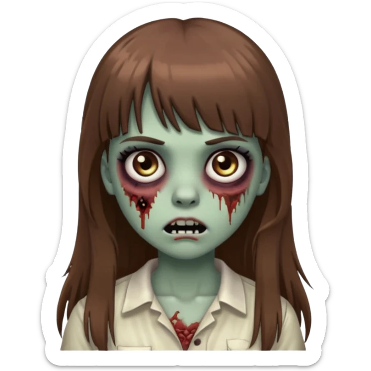 Zombie girl emoji with long brown hair, bangs, big black eyes sticker