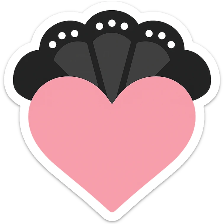 gothic heart with a black lace fan, color icon filled style, pink and black sticker
