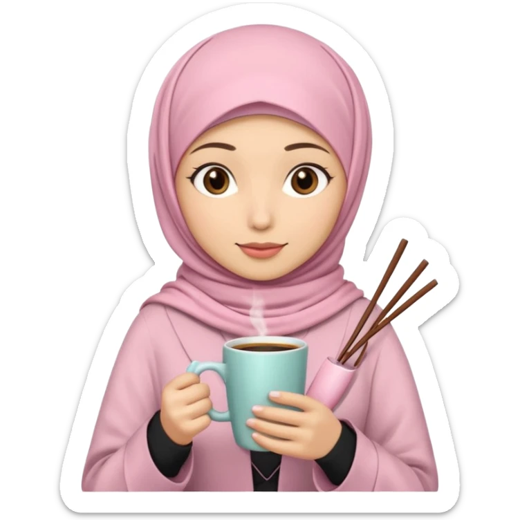 A hijabi girl with light pink hijab and tanned skin holding coffee in one hand and chopsticks in other. Only upper portion of the body shown in IOS format sticker