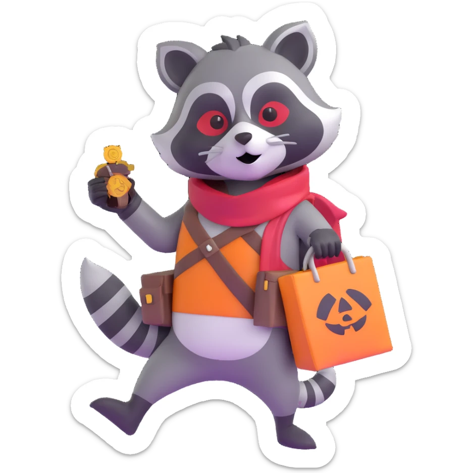 cartoon raccoon bandit with mask carrying stolen loot sticker