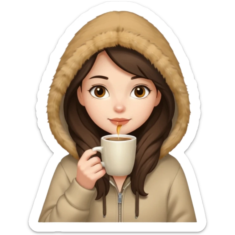 a brunette girl sitting cozily in a beige fur hoodie sipping coffee sticker