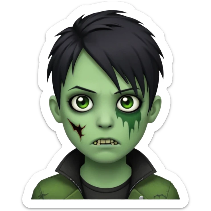  emo zombie black punk hair green skin middle part with cuts on face and closed mouth sticker