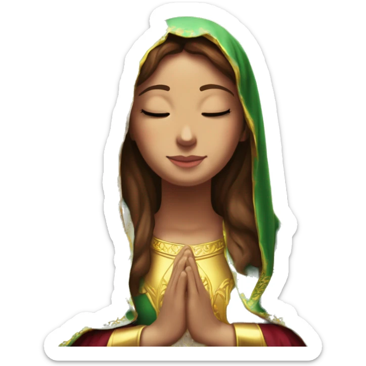 Virgin Mary: kind face looking down at the left, long brown hair, Wearing an emerald green  robe with gold stars and a burgundy red dress,  Hands in prayer or blessing. Halo around her head. standing in front of a big sun. colorful roses on the sides  sticker