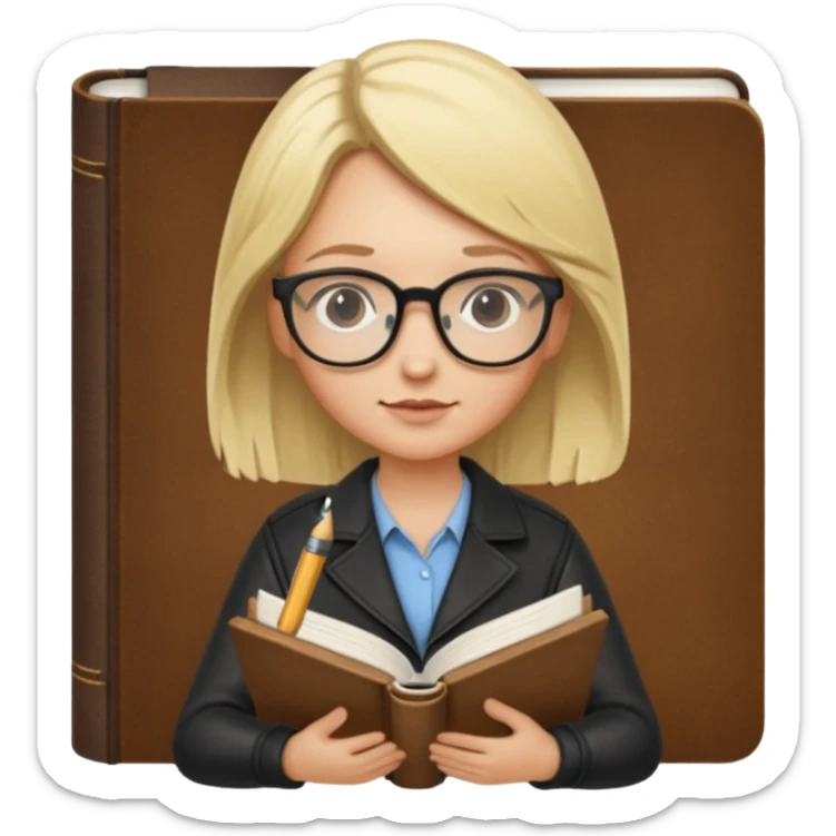 writer holding pen in hand and closed book in other hand, with blonde hair and wearing glasses sticker