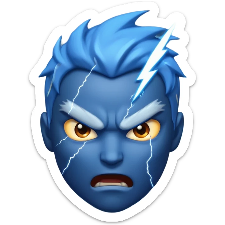 Rayos, centellas y estrellas en una cara color azul con expresiones de furia sticker