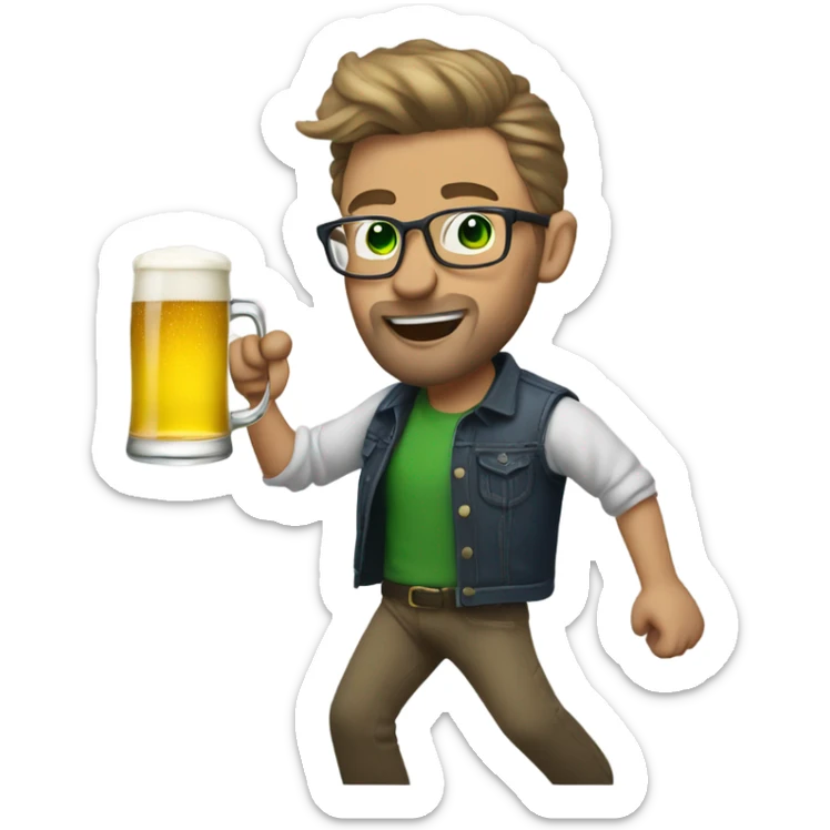 Man with dark blonde hair in a short back and sides style, green eyes, glasses and facial hair dancing with a beer in one hand  sticker