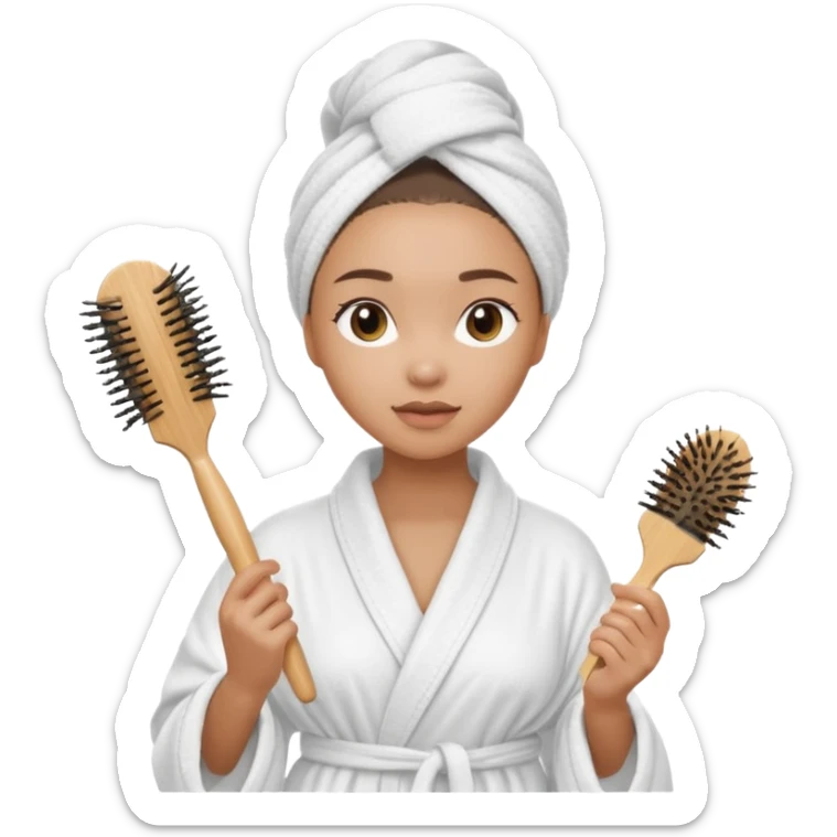 lightskin Women wearing shower robe and their hair with towel holding a brush sticker