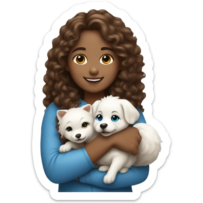 Girl long curly brown hair smiling and blue eyes and holding a white fox dog in her arms sticker