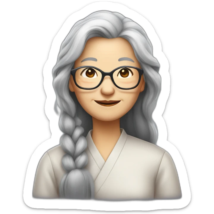 Chinese senior lady wear glasses is long hair like grey hair sticker