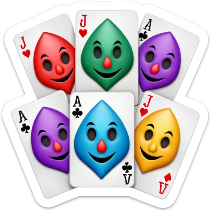 bunch of 3 poker cards, with crazy colorful jolly jokers inside, inversed face sticker