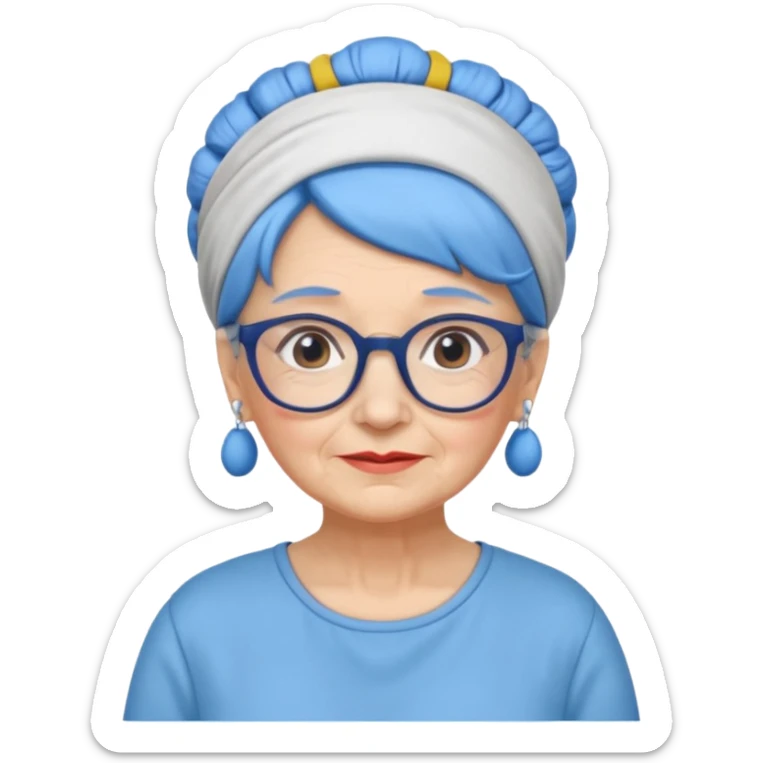 fat old woman with blue bun hair and glassess and headband sticker