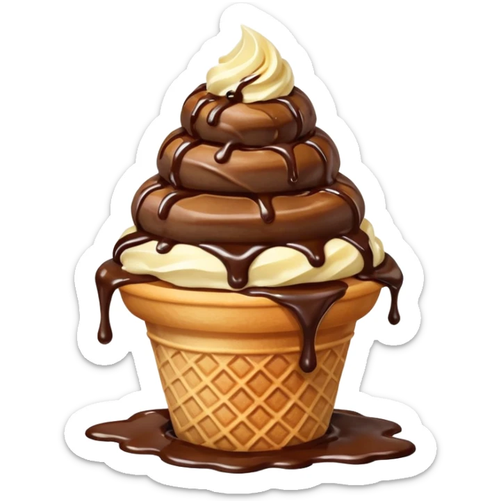 lava ice cream emoji, waffle cone with a scoop of vanilla ice cream, molten chocolate lava oozing from the center, vivid textures, bright lighting, apple emoji style sticker