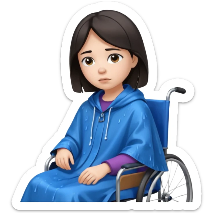 Girl with dark hair  in a wheelchair with rain poncho sad  sticker