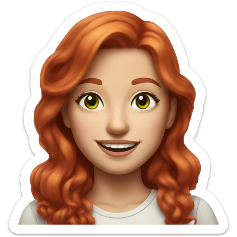 
girl with red hair and gray-green eyes smiles
some freckles and bright pink lips sticker