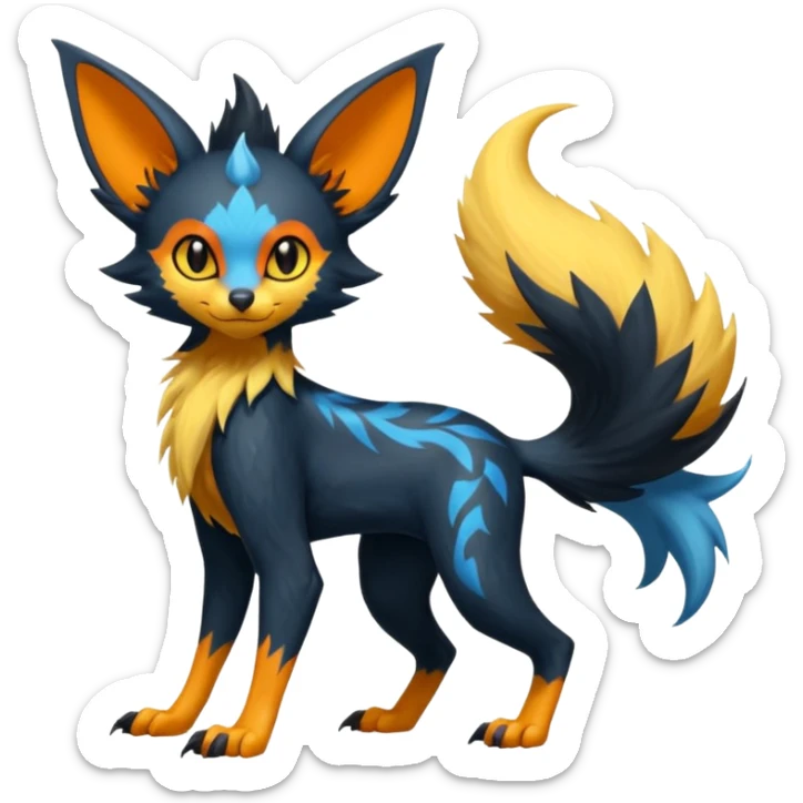 Lykoi-Fennekin-Electrike-Luxray-fusion-hybrid-animal-Fakémon-creature, full body, thin long sleek scaly tail, intricate markings sticker