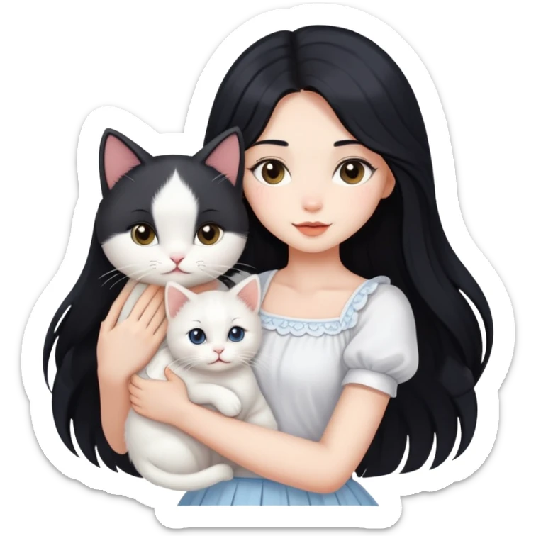A beautiful girl with long black hair wearing a white skirt holds a cute white cat in her arms sticker