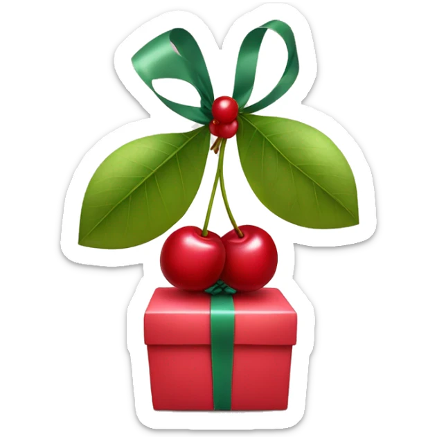 An emoji of two cherries hanging from a gift bow, with a delicate ribbon tying them together sticker