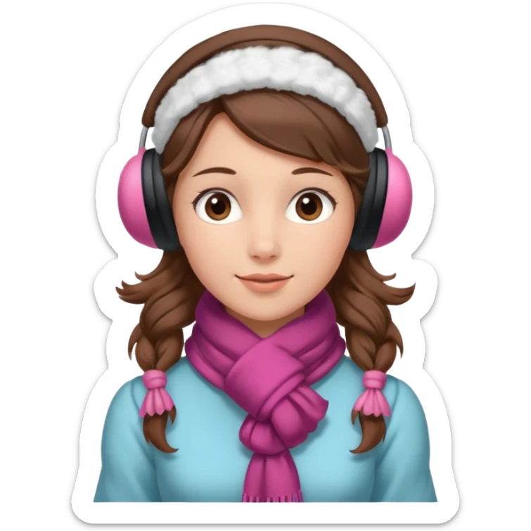 Victorian ice skater in a long dress. She is wearimg a scarf and earmuffs. She has brown hair. sticker