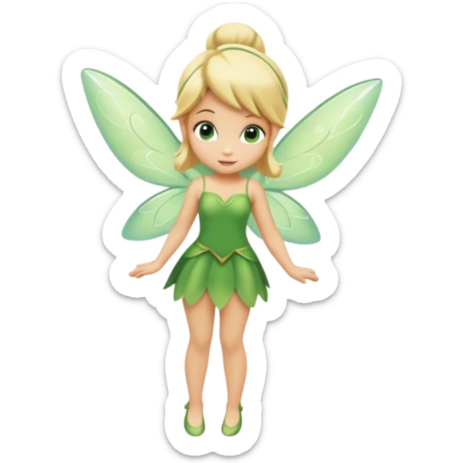 minimal Tinkerbell fairy with green dress and blonde hair, tiny wings, extremely simple sticker