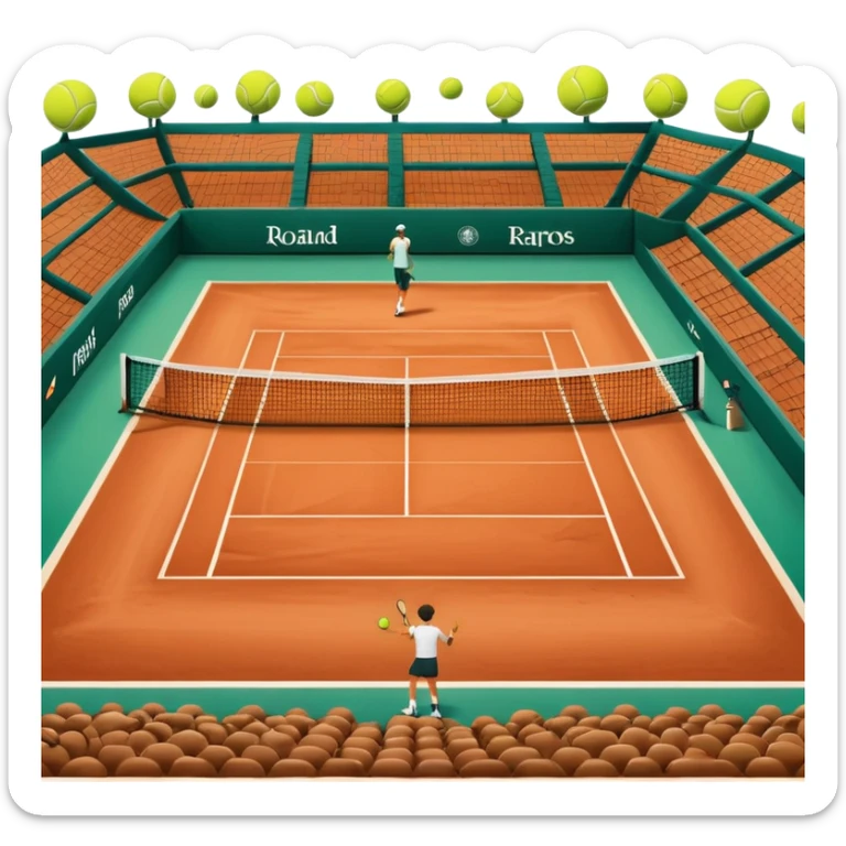 A tennis court at the Roland Garros tournament, with the iconic clay surface and a tennis ball bouncing near the net. The scene evokes the energy and excitement of the grand event, with vibrant crowds in the stands and a competitive atmosphere. sticker
