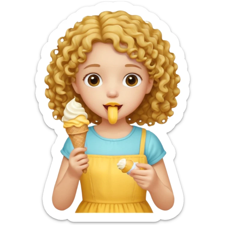 a little girl kid with curly hair, yellow dress, eat ice cream sticker