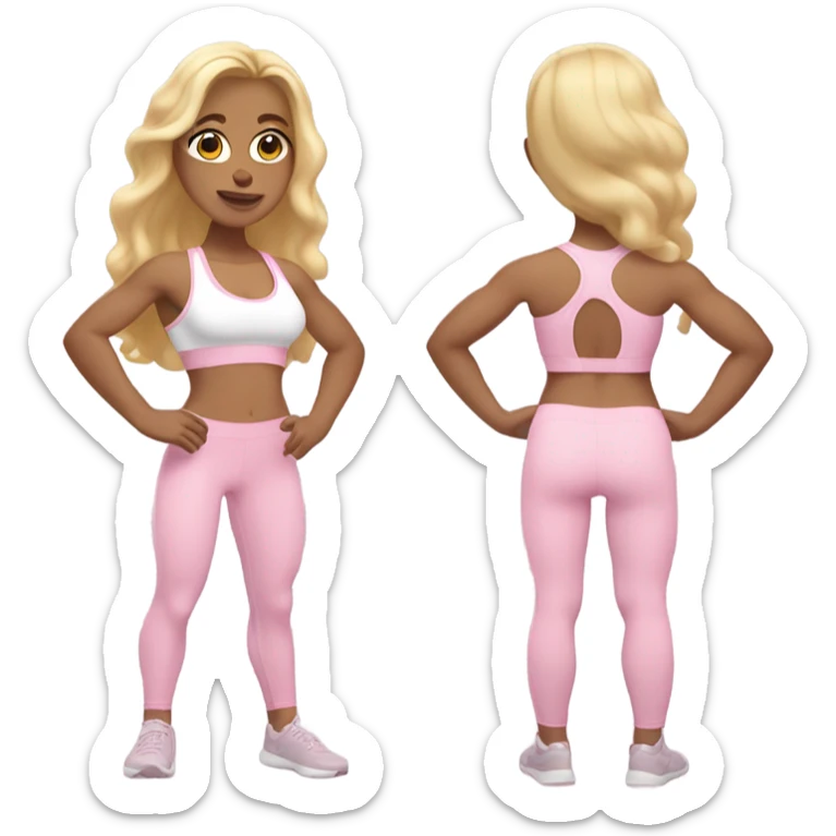 White woman, light skin, long hair, blonde hair, wavy hair, baby pink sports bra, baby pink leggings, flexing one arm sticker