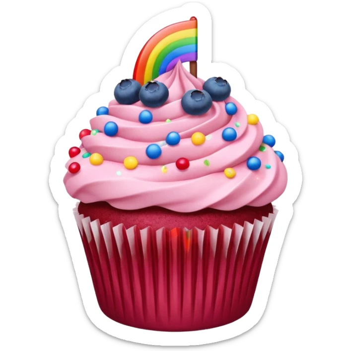 Show me a red velvet cupcake with pink ice and put some sprinklers and blueberries on it sticker