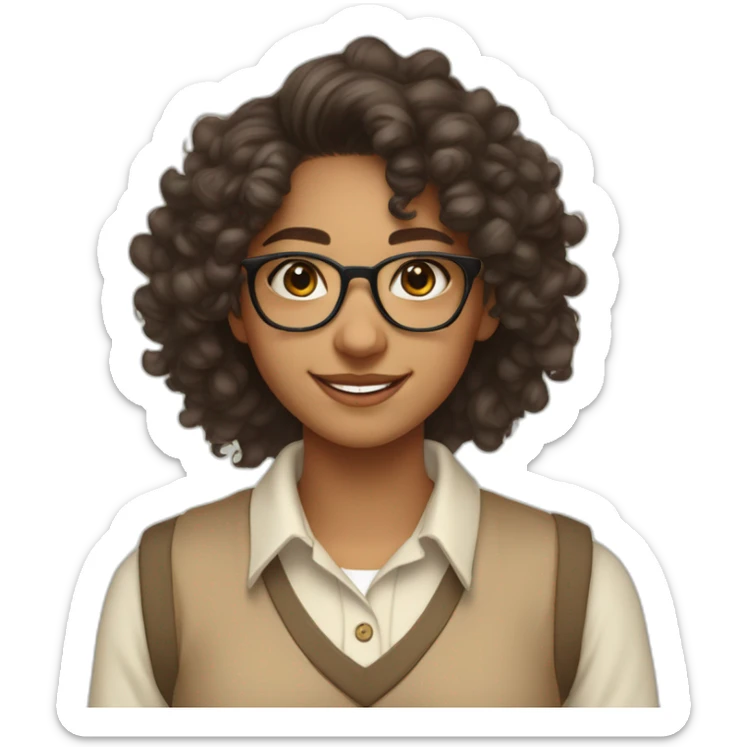 smiling indian teenage girl with curly hair and glasses wearing a collared long sleeve white shirt under a beige v shaped collar sweatervest sticker