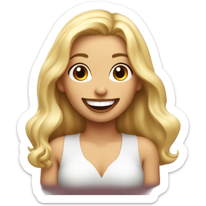 Chica rubia y de piel blanca con extensiones de pestañas y labios rojos sonriendo con boca cerrada sticker