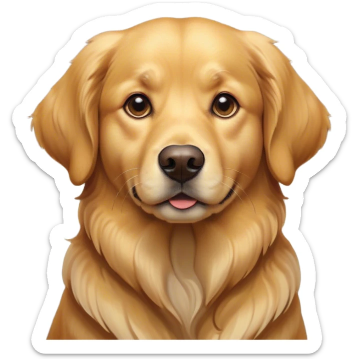 Cinematic Noble Golden Retriever Portrait Emoji, Poised and regal, with a strong, athletic build and a lustrous, well-groomed golden coat, deep-set soulful brown eyes, Simplified yet sharp and sophisticated features, highly detailed, glowing with a soft, dignified glow, high shine, intelligent and friendly, stylized with an air of warmth, focused and attentive, soft glowing outline, capturing the essence of a watchful and confident companion, so majestic it feels as though it could bound out of the screen with effortless authority! sticker