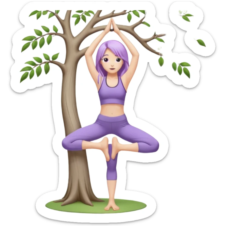 Девушка белокожая, с длинными светло-фиолетовыми волосами, в одежде для йоги, стоит в позе дерева на одной ноге, вторая нога согнута, руки вверху ладонь к ладони, в стиле бимбо пилатес, правильные пропорции, без дерева sticker
