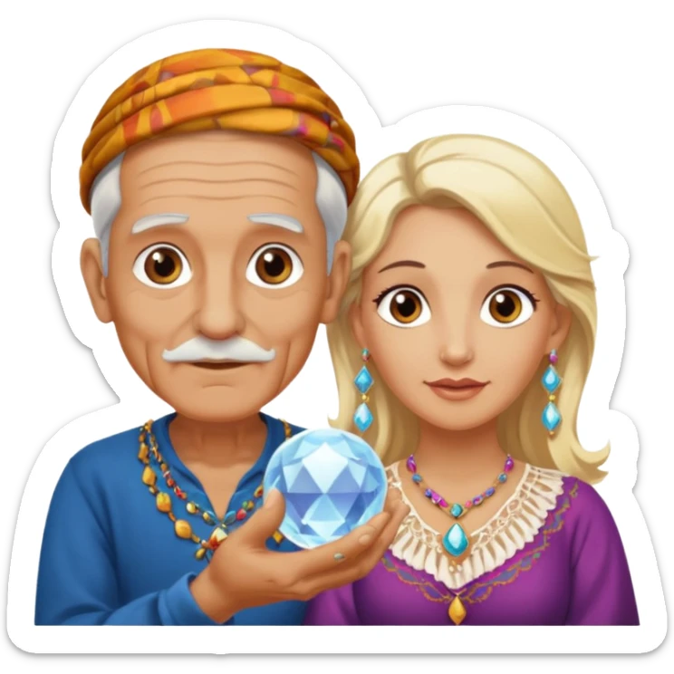 Elderly male cleanshaven gypsy with earrings and blonde female gypsy holding a crystal ball sticker