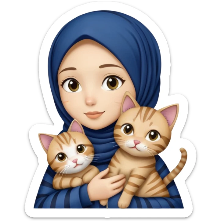 White hijab girl wearing dark blue hijab holding stripes tabby cat sticker