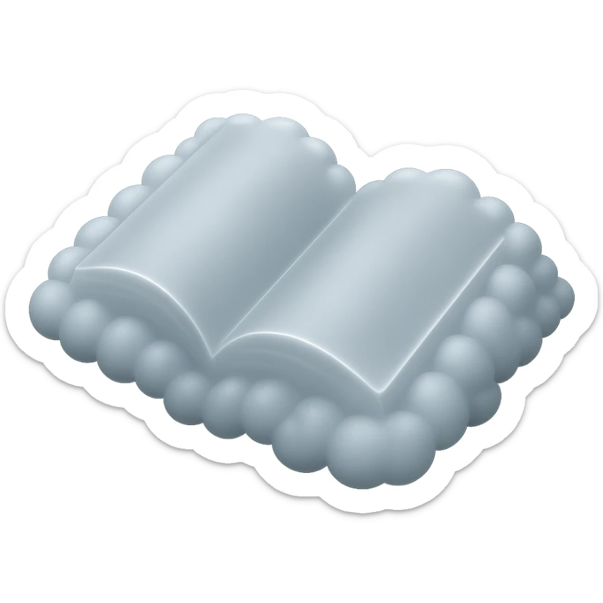 top view of a thick open book made entirely of small, very bright white fluffy convex clouds, matte glass style, no background sticker