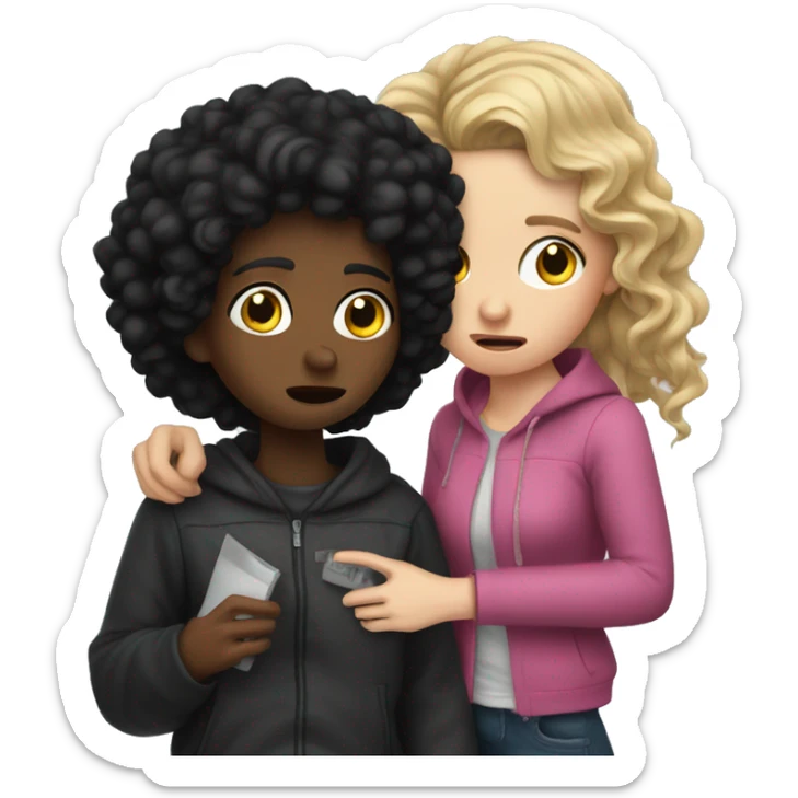  white girl with curly black hair crying next to a thief who stole a bag sticker