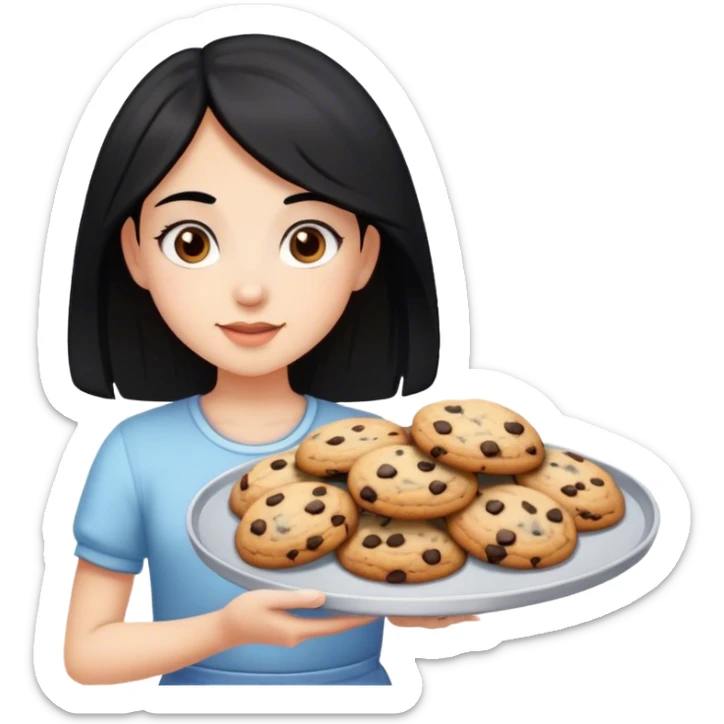 A girl with black hair and brown eyes, holding a tray of fresh baked chocolate chips cookies. sticker