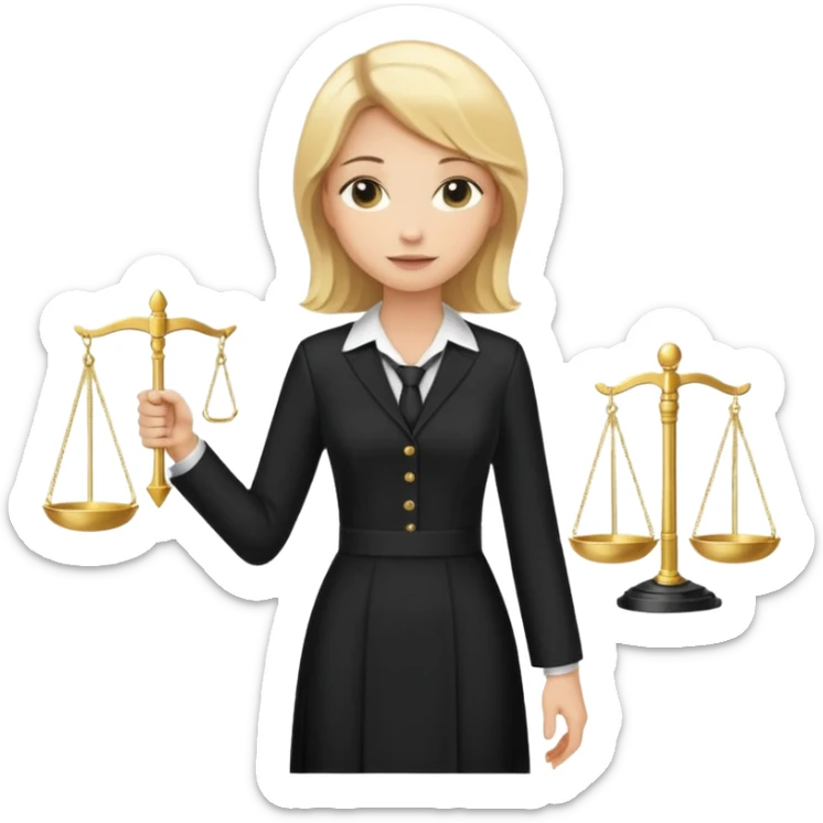woman lawyer blanche et blonde avec des cheveux mi-long; elle est habillée avec une longue robe noire et une cravate blanche; elle est victorieuse en portant la balance de la justice sticker